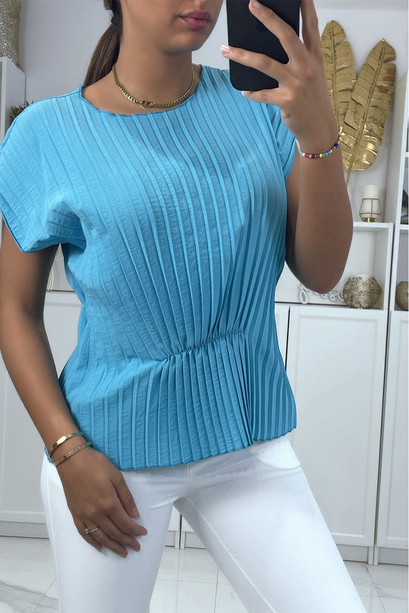 Blue pleated top with short sleeves and wasp waist effect round neck - 3