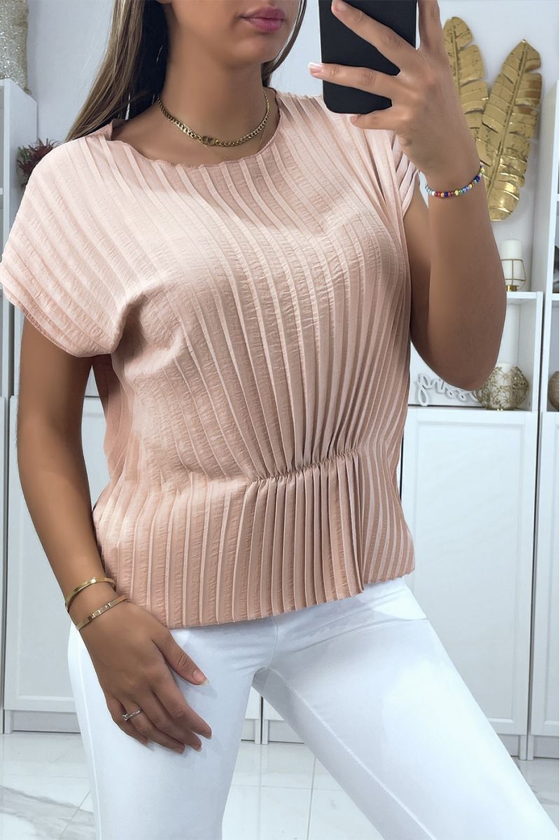 Pleated pink top with short sleeves and wasp waist effect round neck - 2