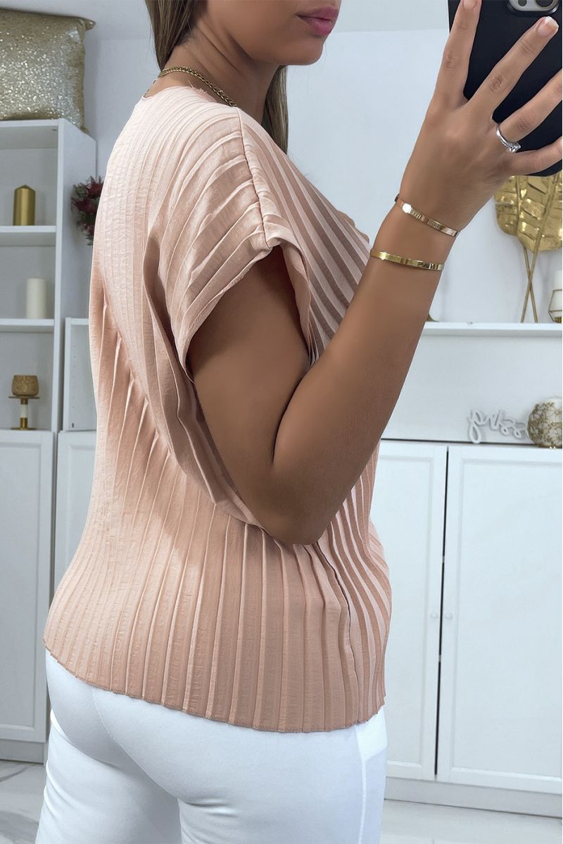 Pleated pink top with short sleeves and wasp waist effect round neck - 4