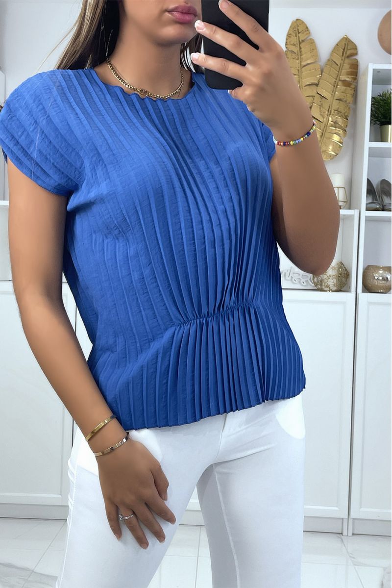 Royal pleated top with short sleeves and wasp waist effect round neck - 1