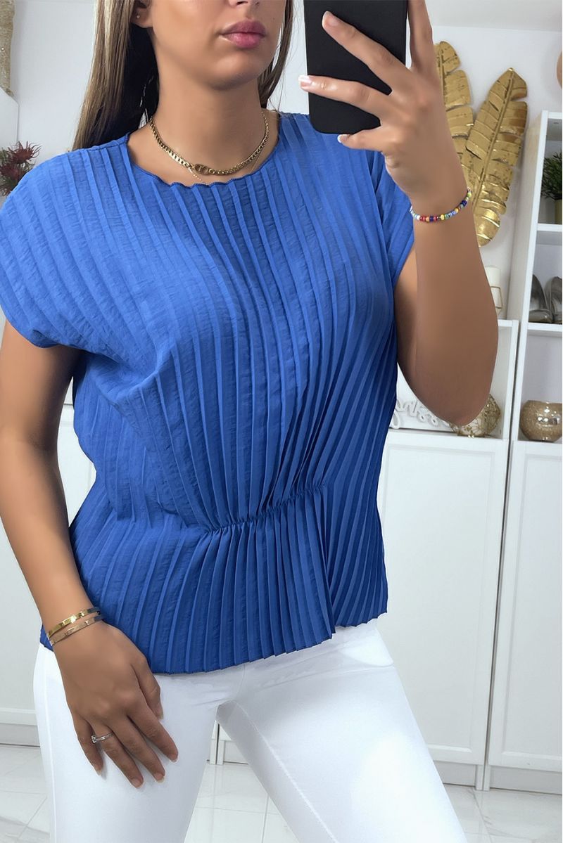 Royal pleated top with short sleeves and wasp waist effect round neck - 3