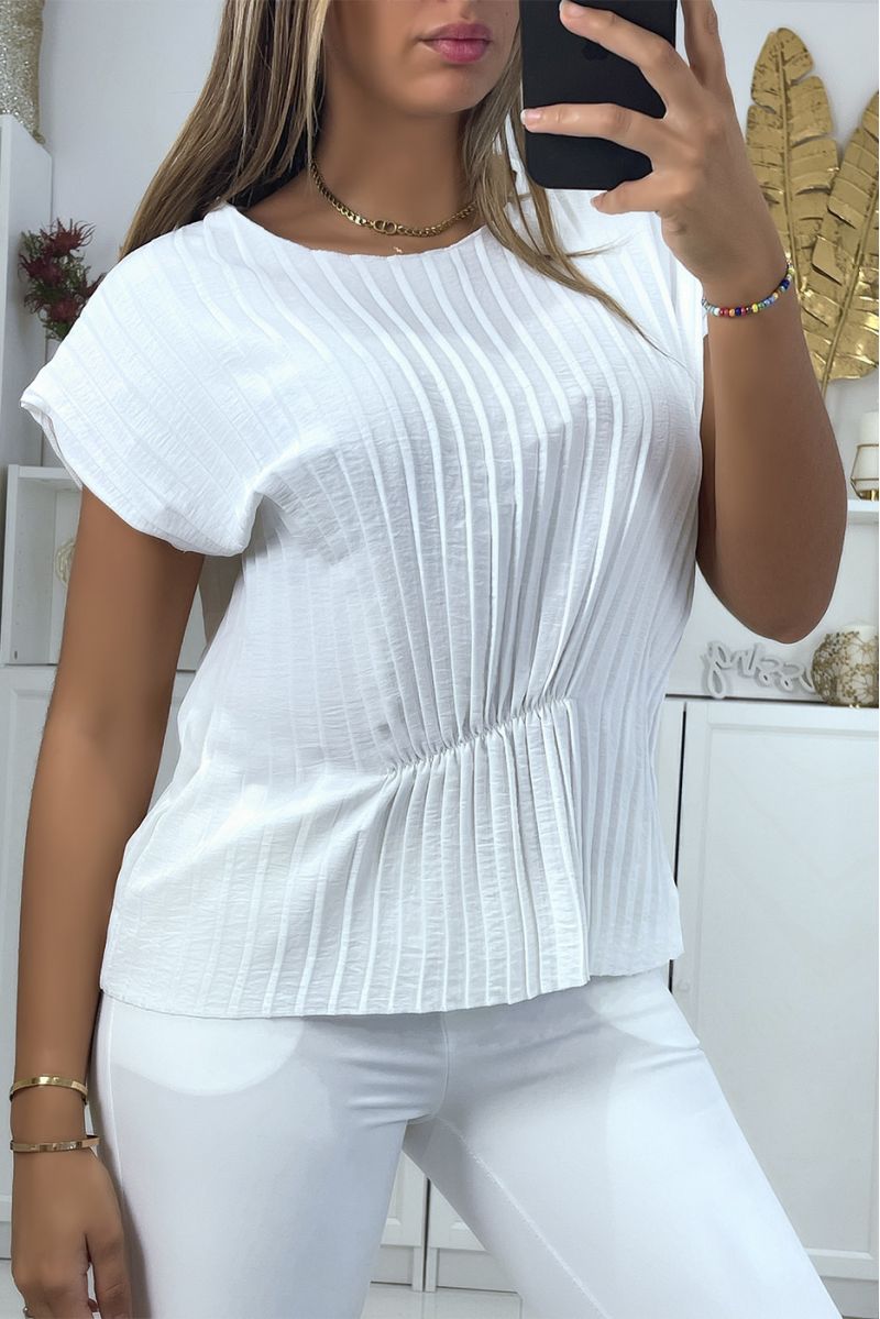 White pleated top with short sleeves and wasp waist effect round neck - 2
