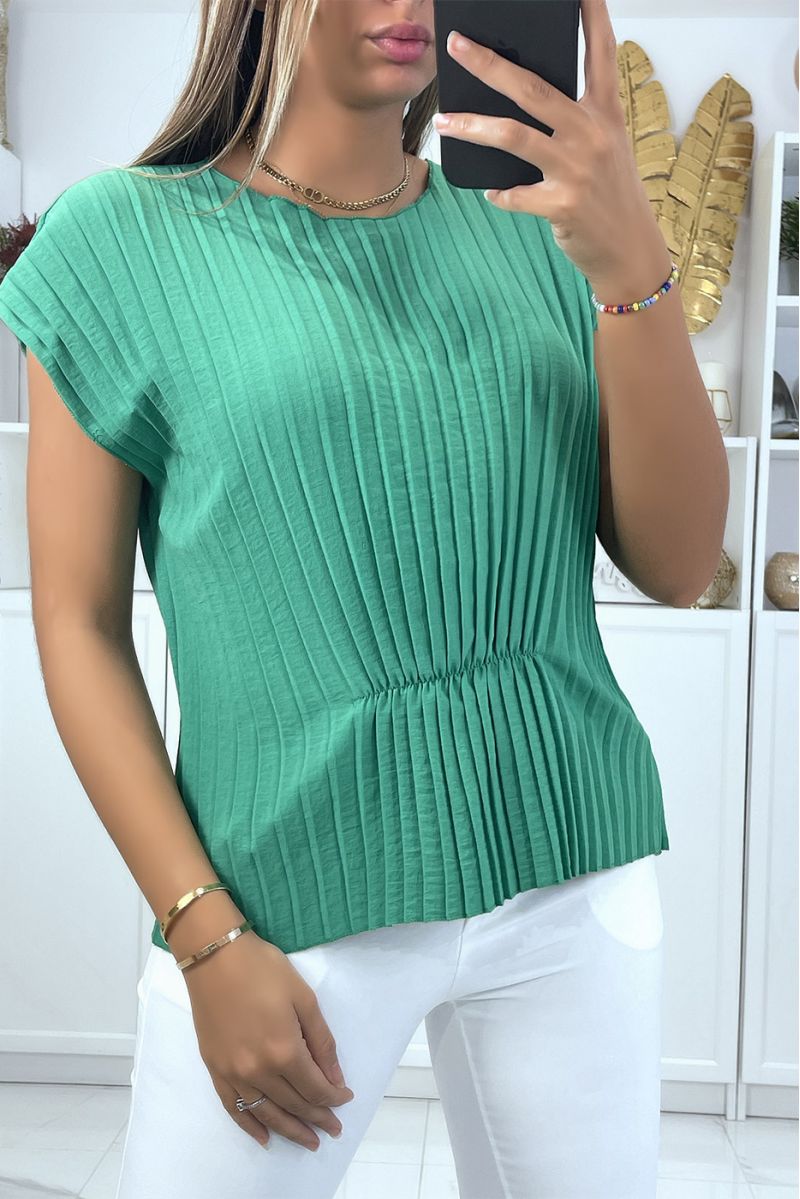 Green pleated top with short sleeves and wasp waist effect round neck - 1