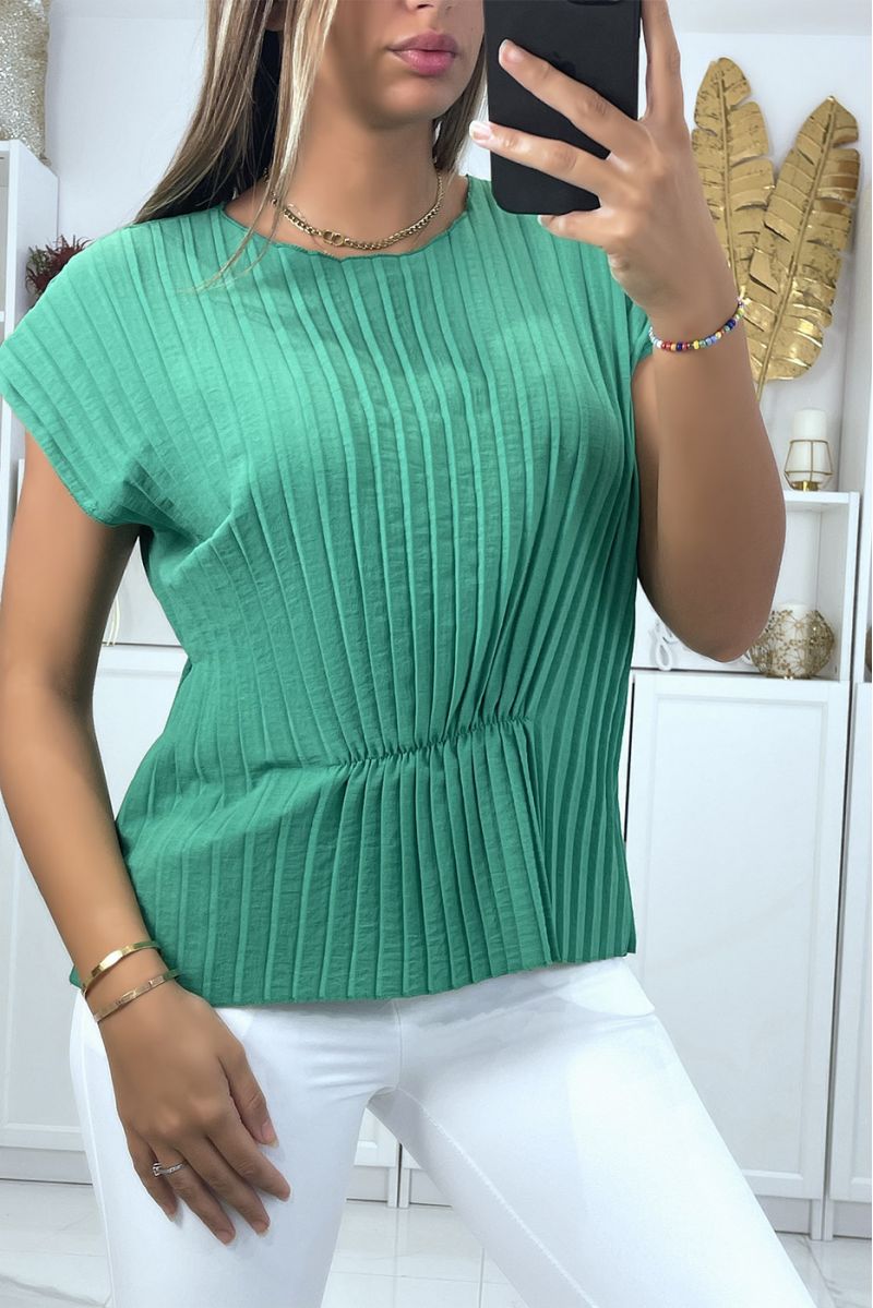 Green pleated top with short sleeves and wasp waist effect round neck - 2