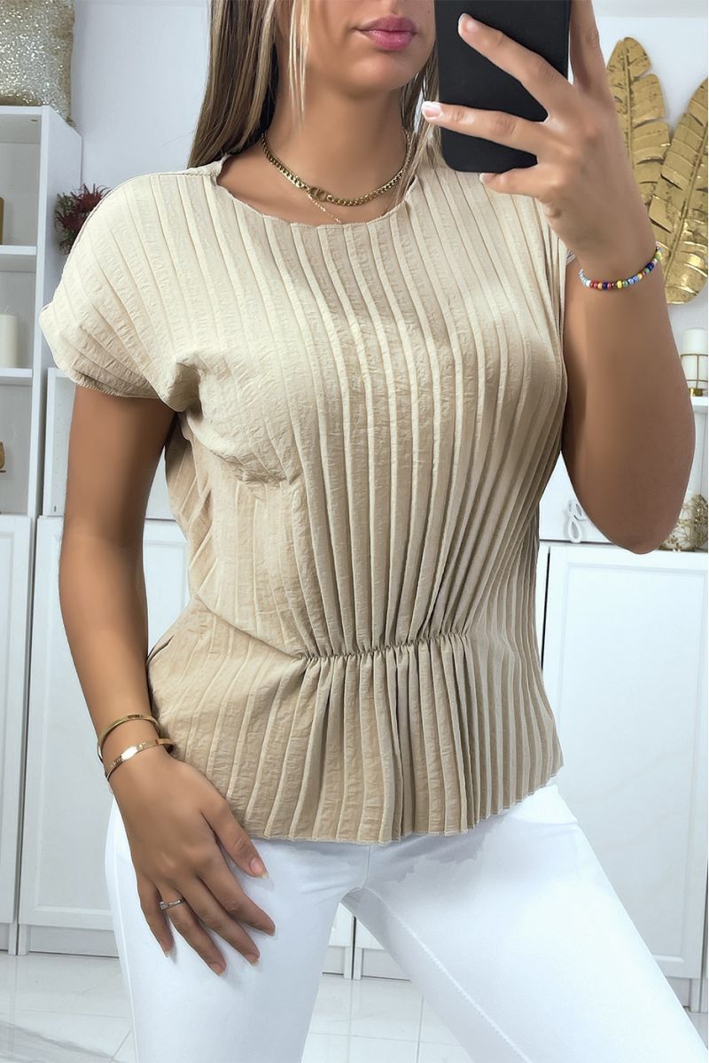 Beige pleated top with short sleeves and wasp waist effect round neck - 2