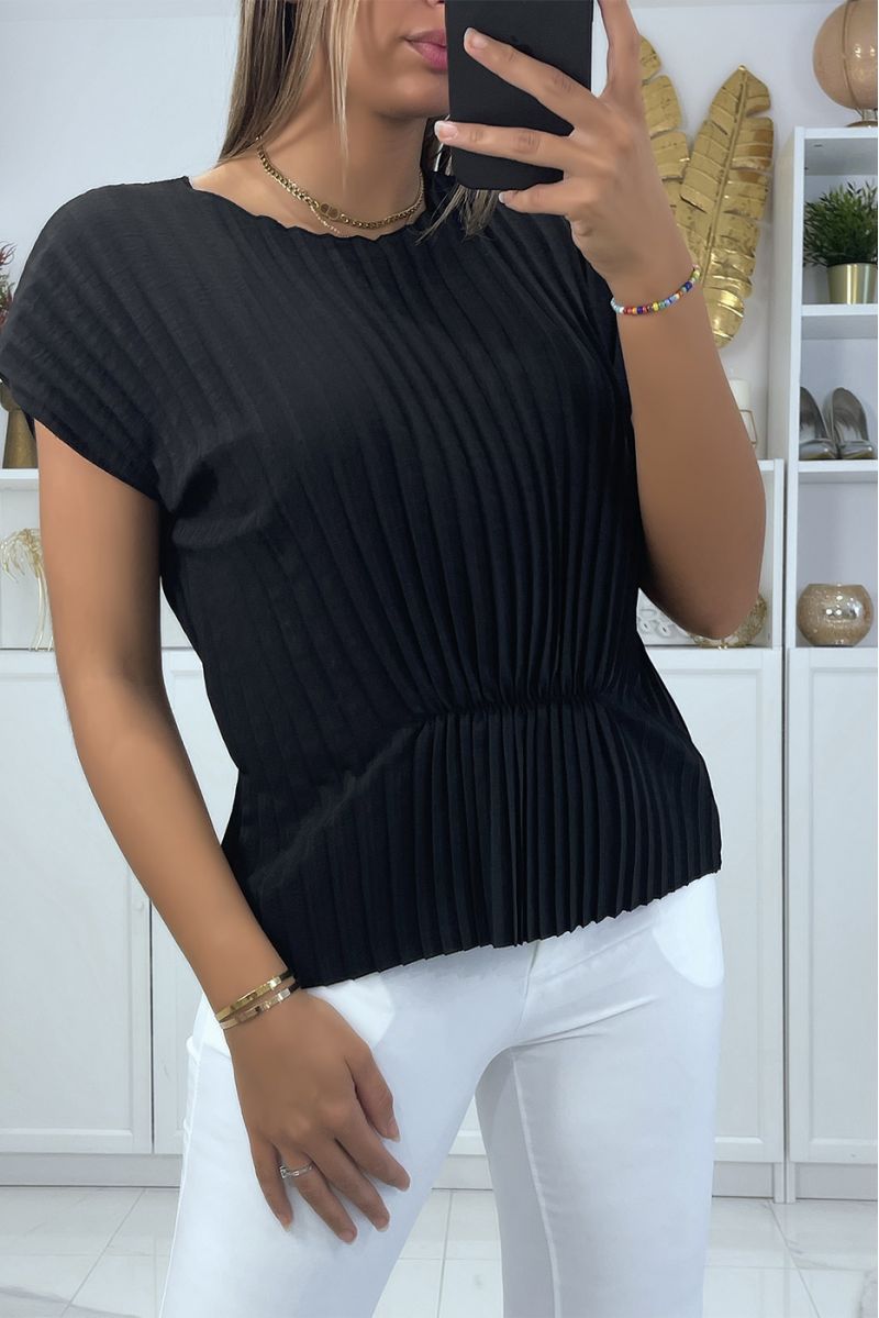 Black pleated top with short sleeves and wasp waist effect round neck - 1