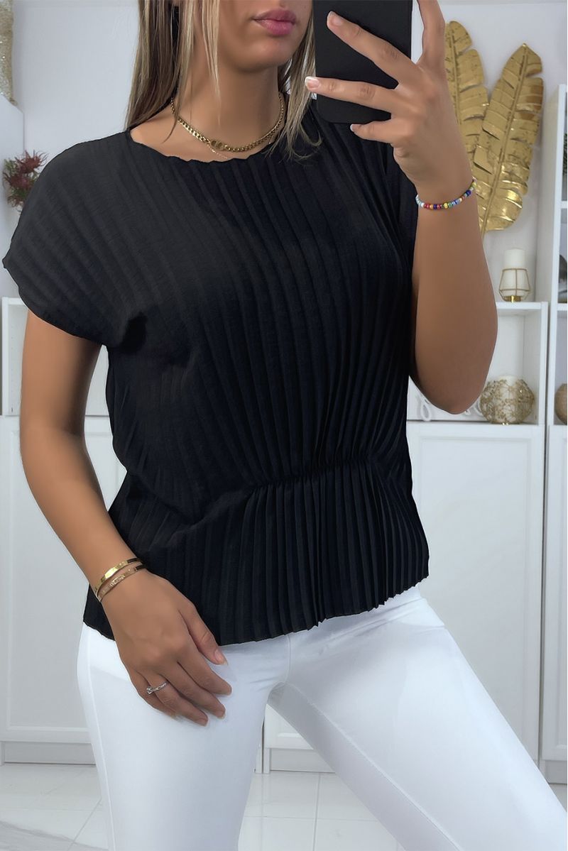 Black pleated top with short sleeves and wasp waist effect round neck - 2