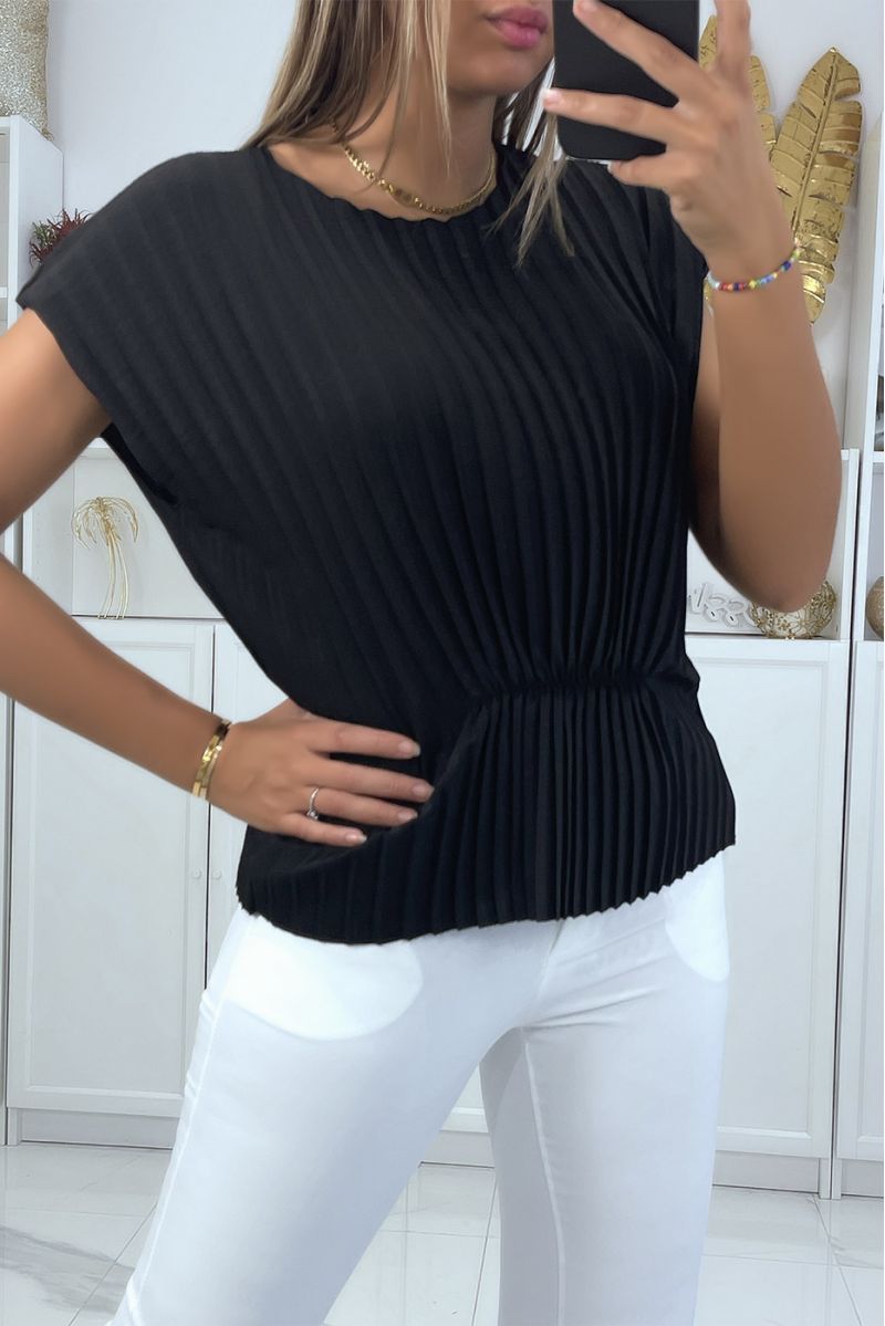 Black pleated top with short sleeves and wasp waist effect round neck - 3