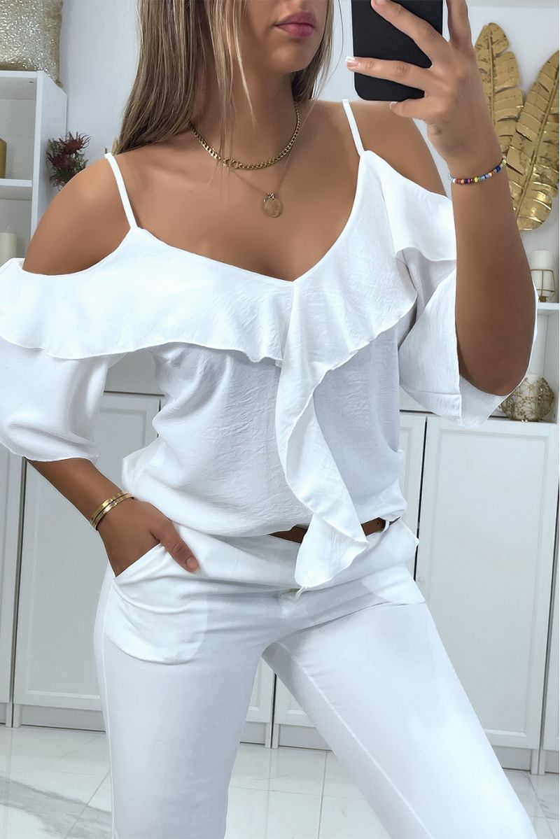 White boat neck crop top with straps and flounce on the shoulders - 3