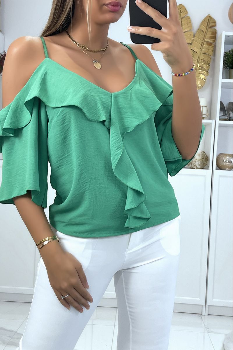 Green boat neck crop top with straps and ruffle on the shoulders - 1