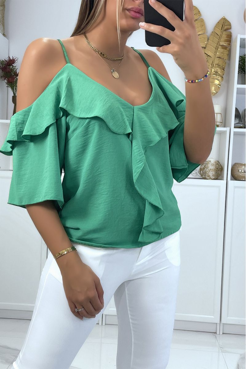 Green boat neck crop top with straps and ruffle on the shoulders - 3