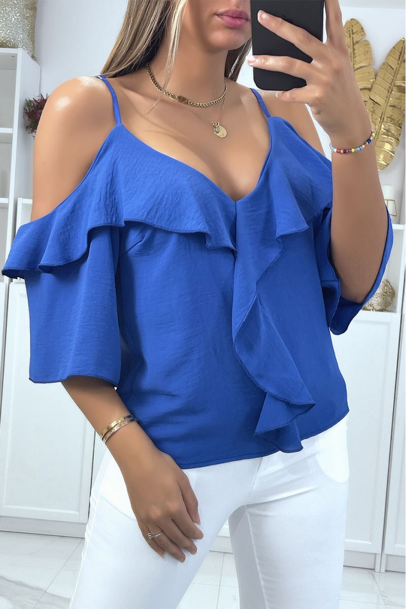 Royal boat neck strappy crop top with ruffle on the shoulders - 1