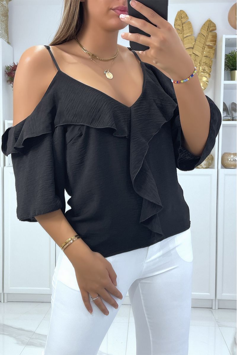 Black boat neck crop top with straps and flounce on the shoulders - 1