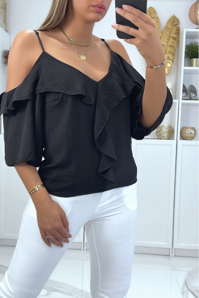 Black boat neck crop top with straps and flounce on the shoulders - 3