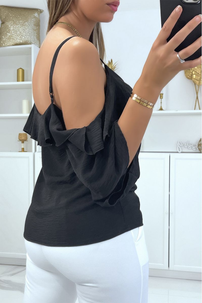 Black boat neck crop top with straps and flounce on the shoulders - 4