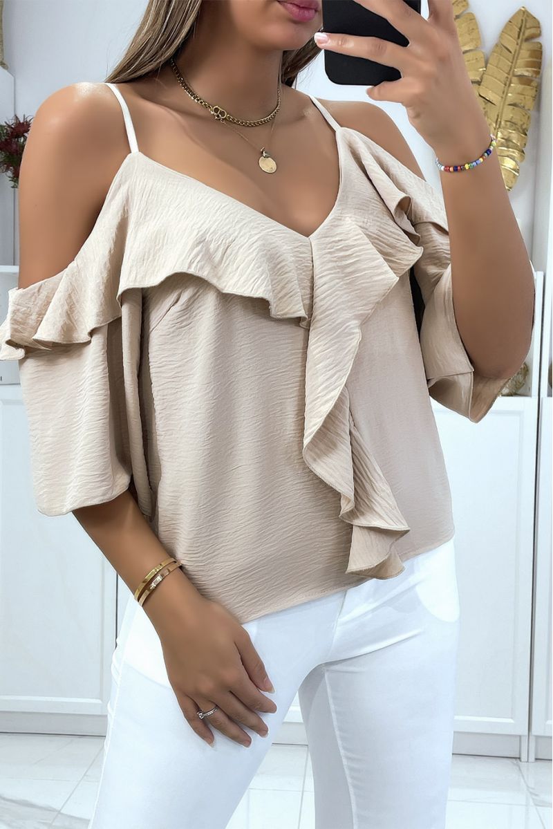 Beige boat neck crop top with straps and ruffle on the shoulders - 1