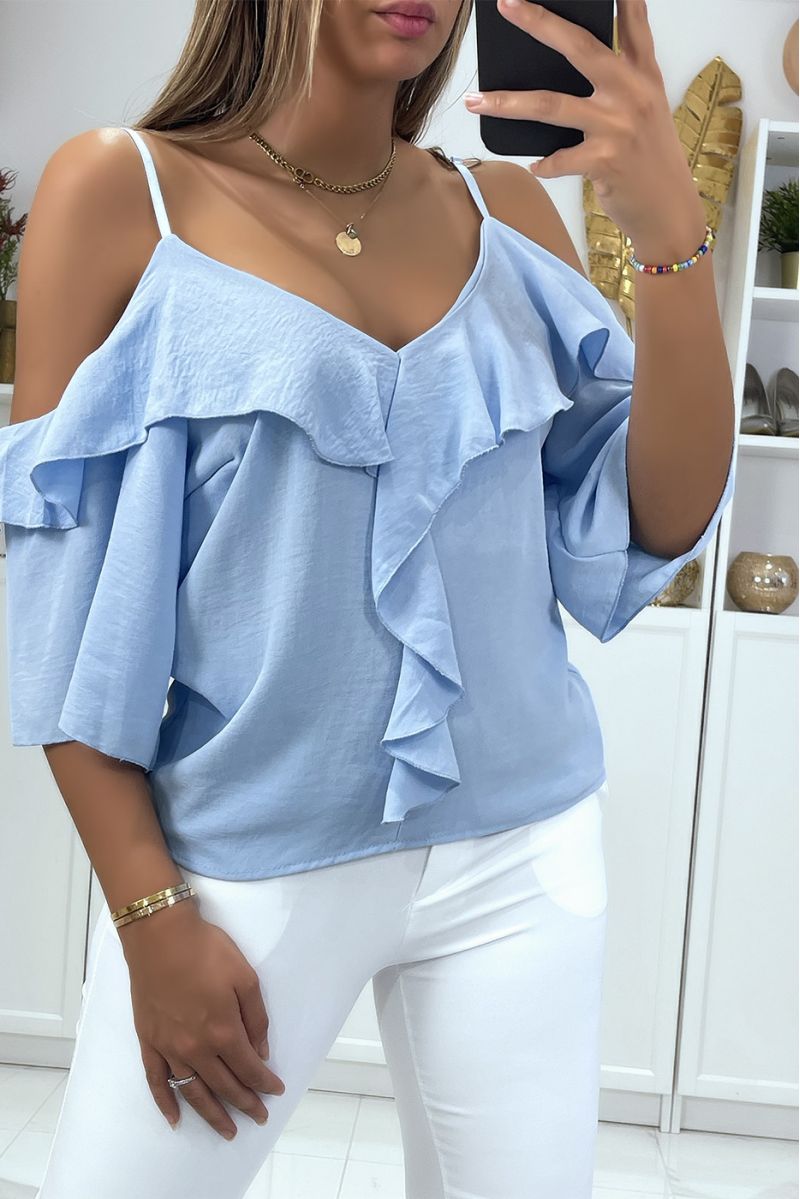 Turquoise boat neck crop top with straps and ruffle on the shoulders - 2