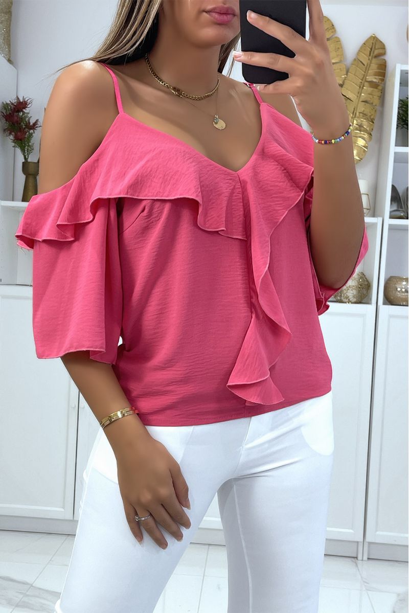 Fuchsia boat neck crop top with straps and flounce on the shoulders - 1