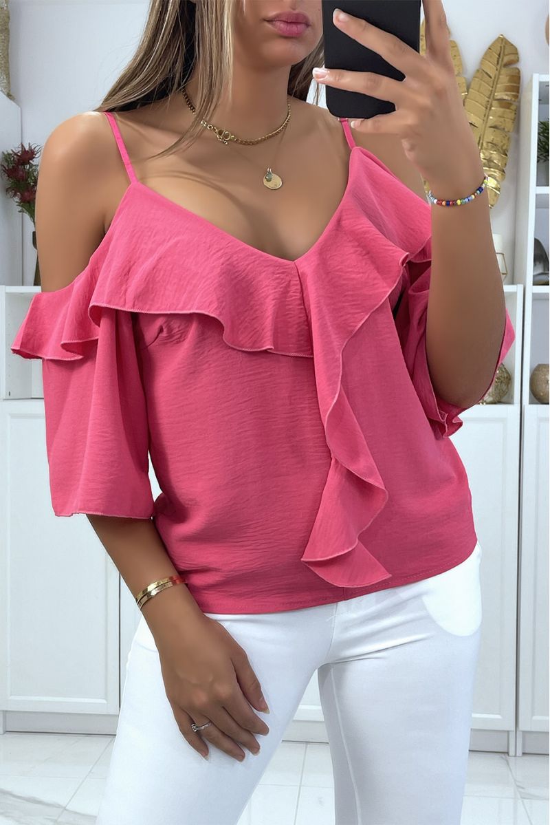 Fuchsia boat neck crop top with straps and flounce on the shoulders - 2