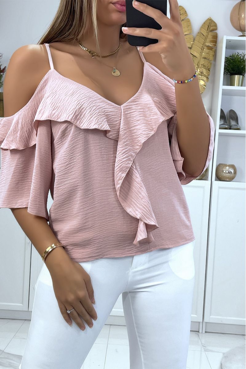 Pink boat neck crop top with straps and ruffle on the shoulders - 1