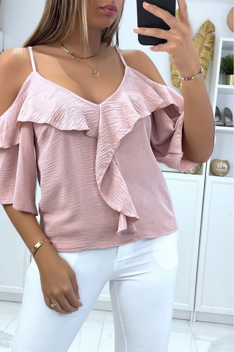 Pink boat neck crop top with straps and ruffle on the shoulders - 2