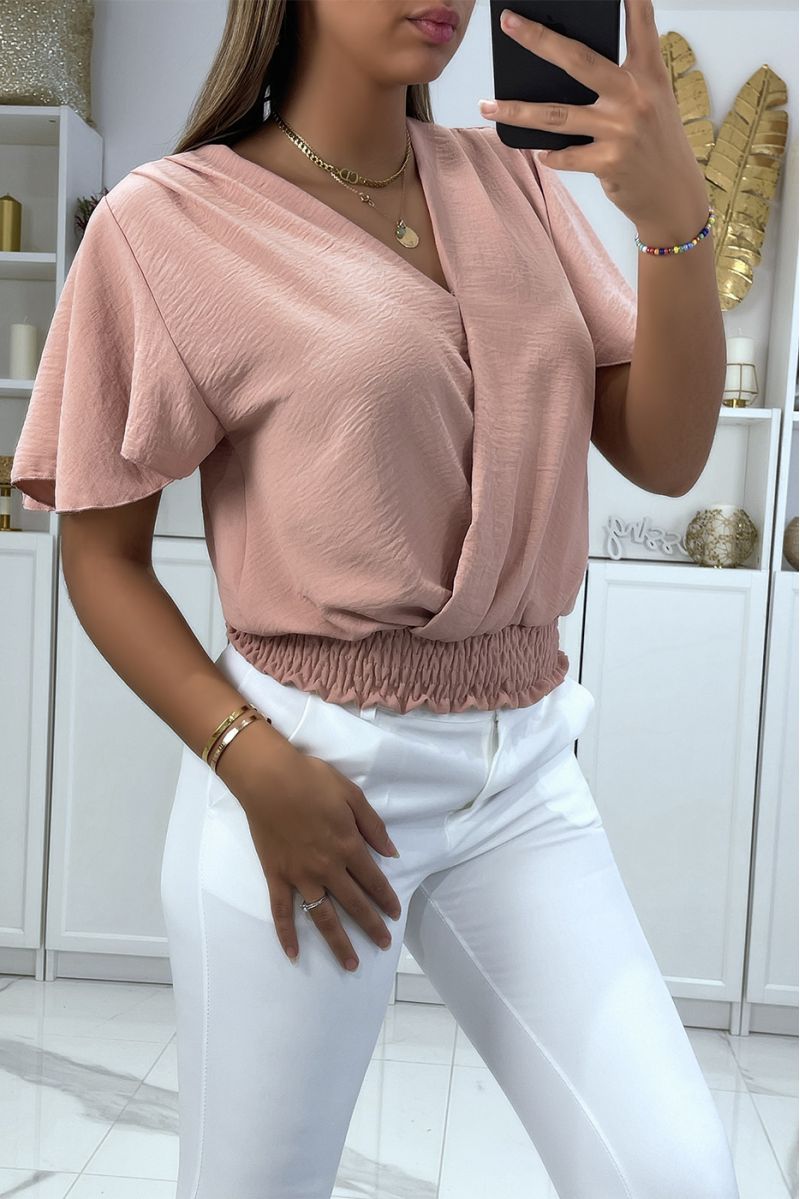 Flowing pink wrap top, fitted at the lower abdomen - 3