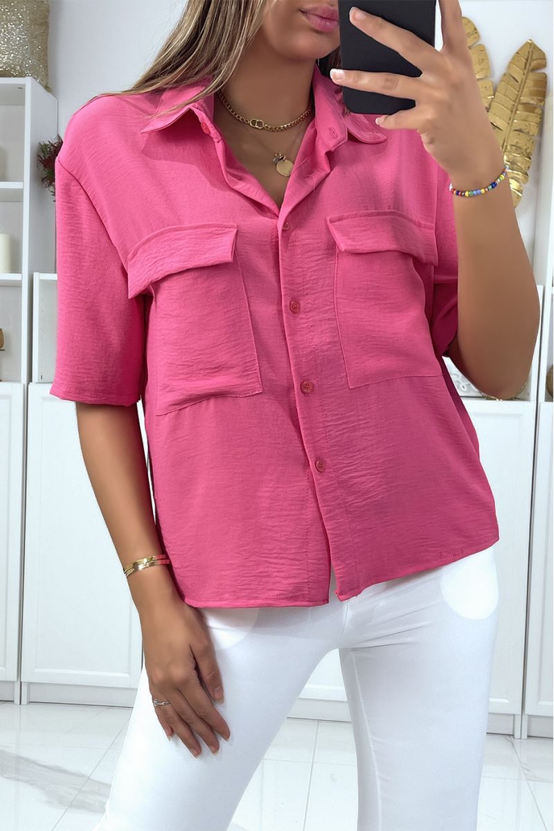 Fushia pink blouse with half-length sleeves and chest pockets - 4