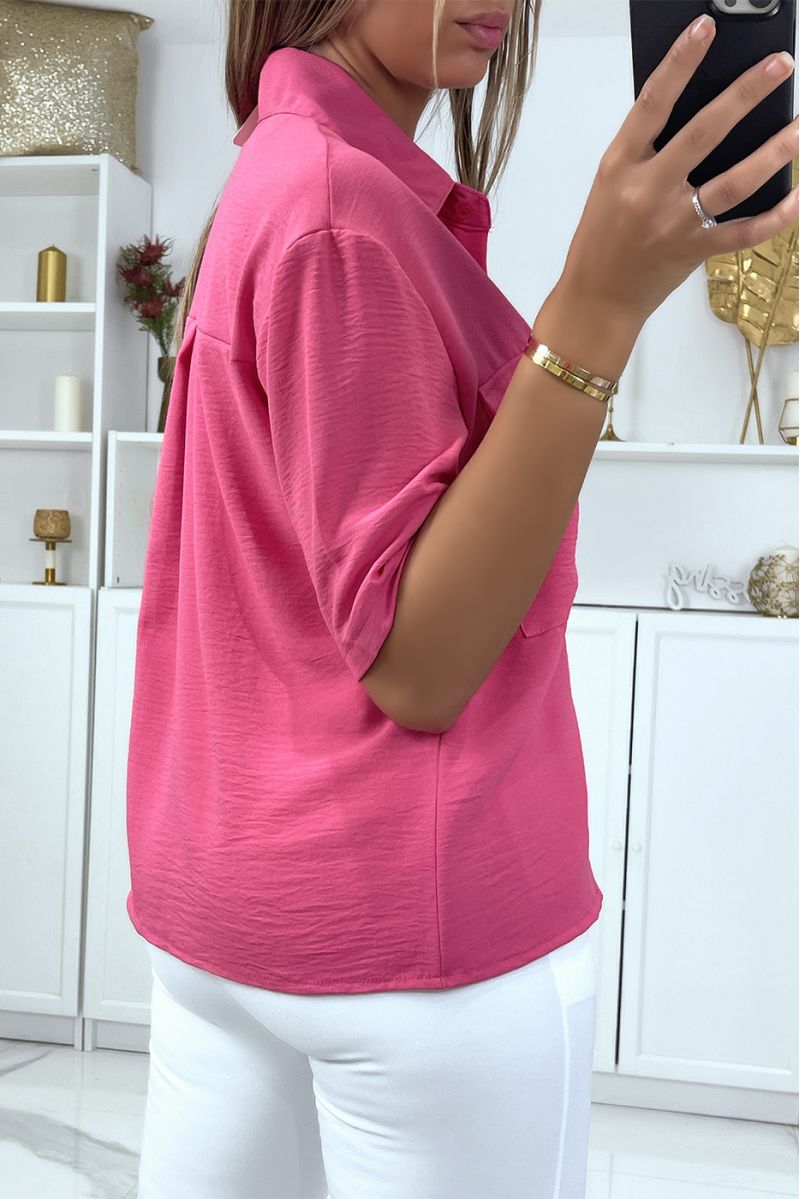 Fushia roze blouse met halflange mouwen en borstzakken - 5