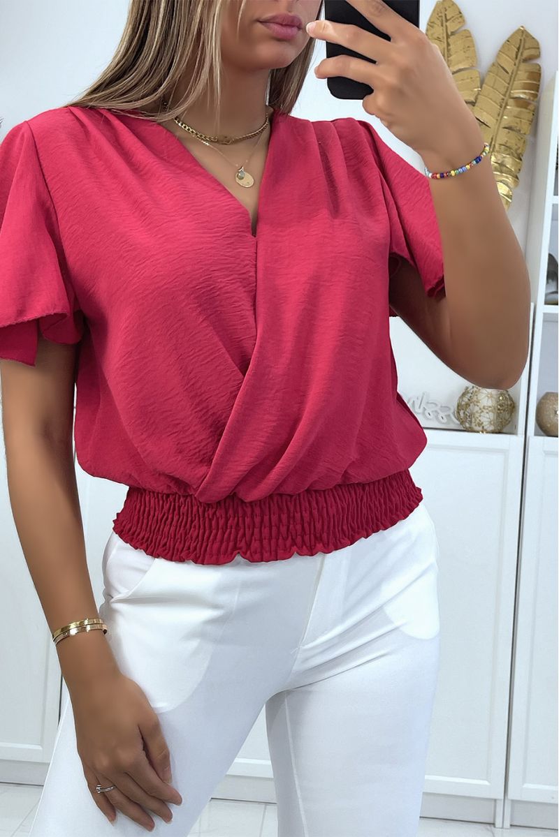 Flowing fushia wrap top, fitted at the lower abdomen - 2
