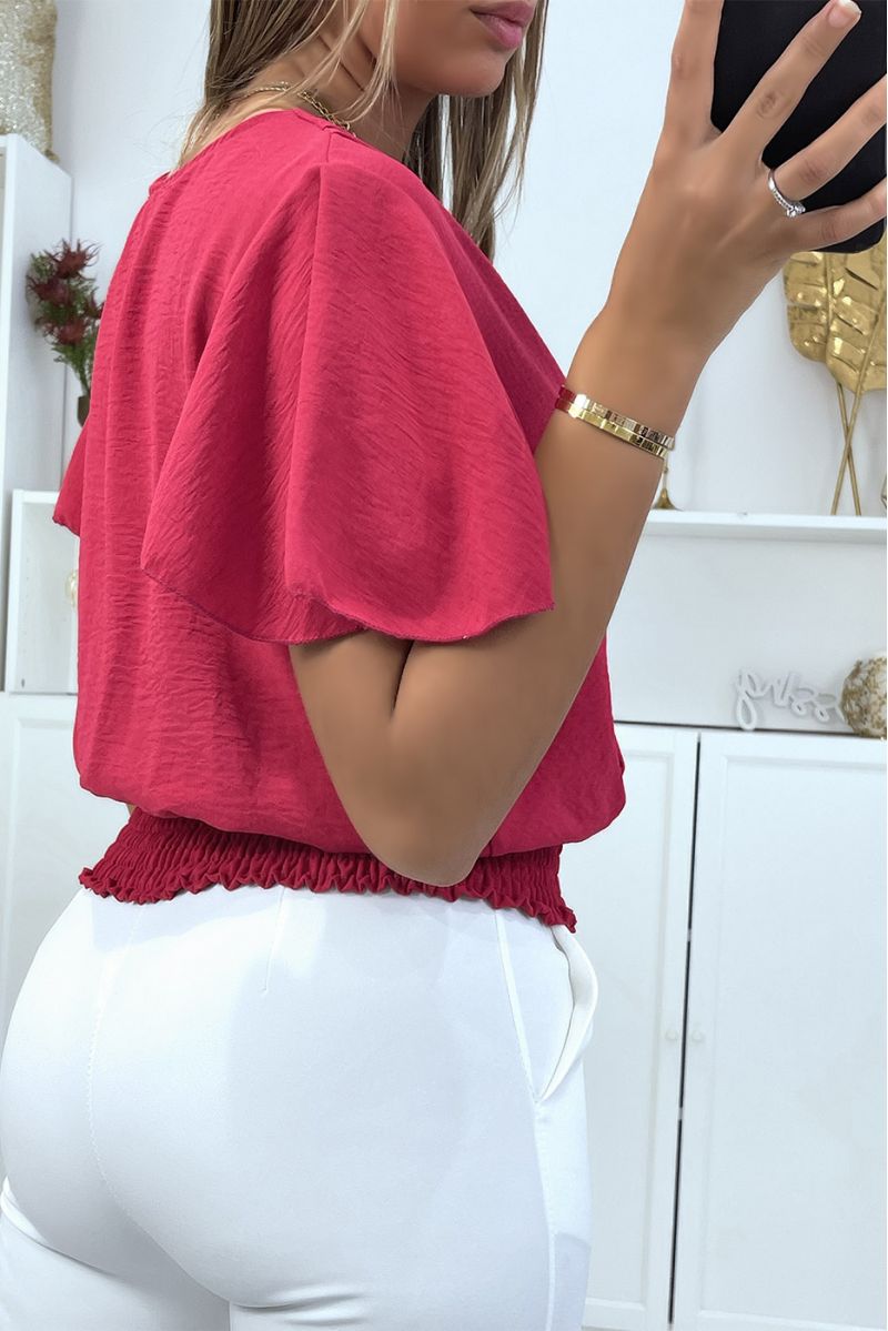 Flowing fushia wrap top, fitted at the lower abdomen - 4