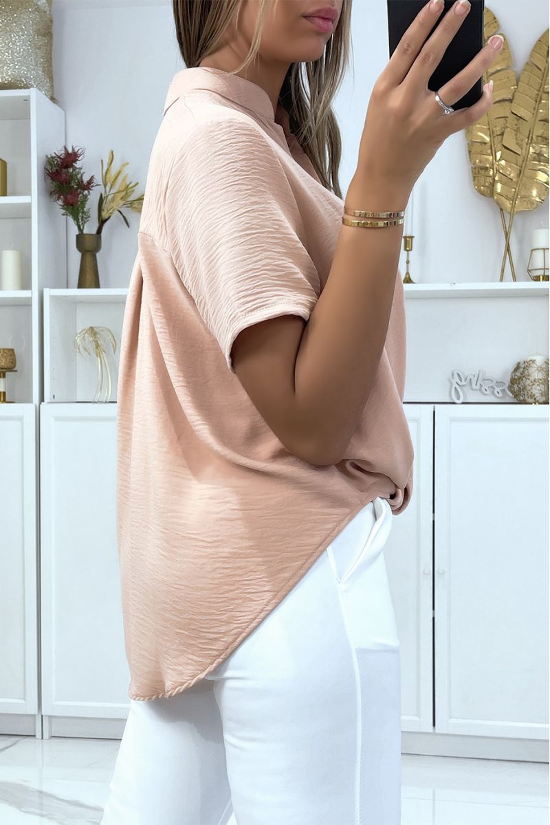 Chemise rose col montant avec noeud intégré  - 4