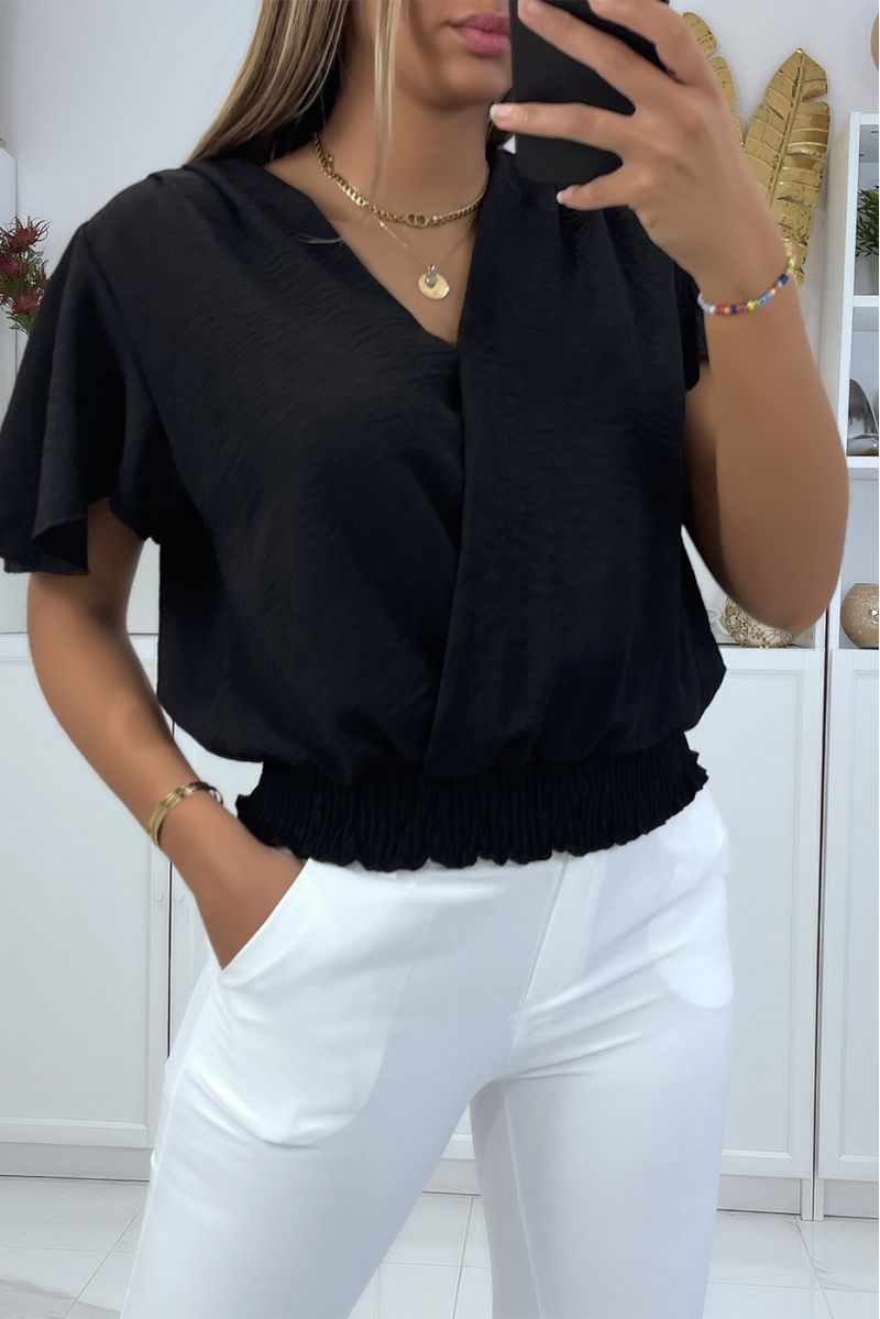 Flowing black wrap top, fitted at the lower abdomen - 3