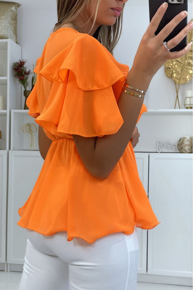 Transparent fluid orange top with wrap effect ruffles - 4