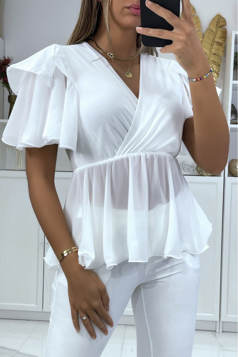 Sheer fluid white top with wrap effect ruffles - 1