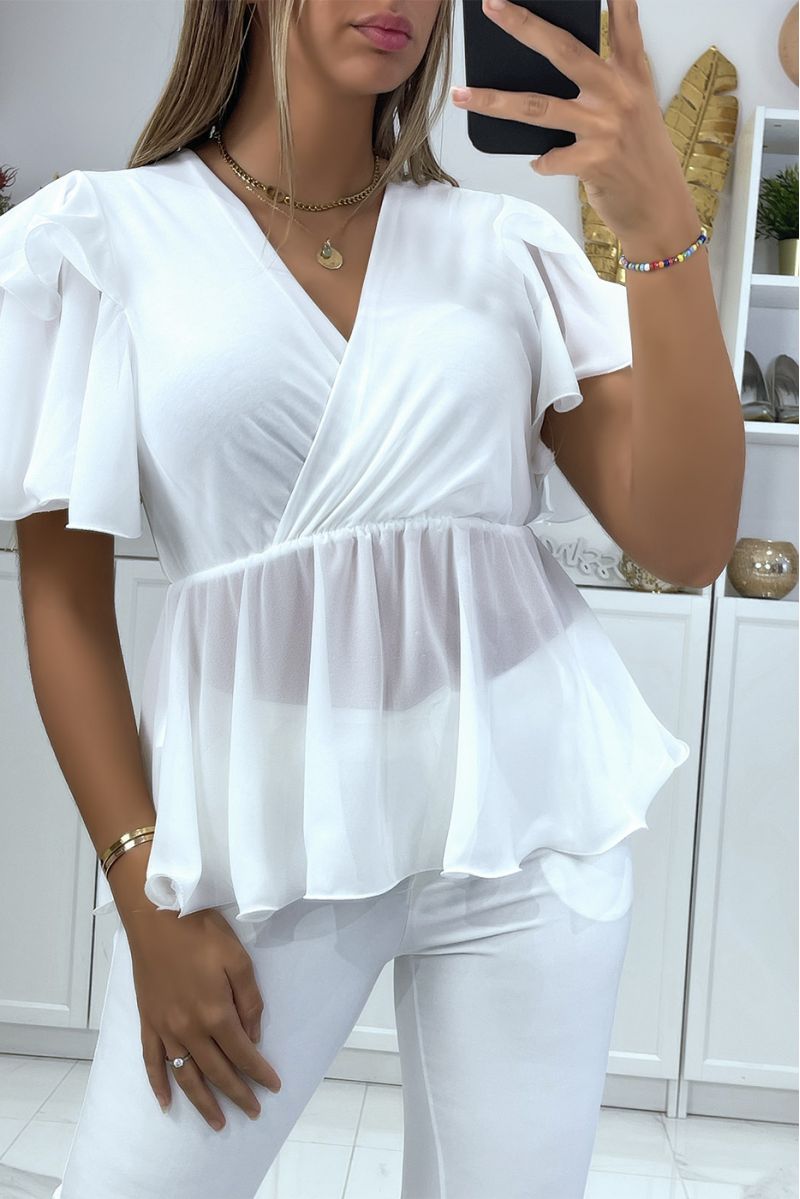 Sheer fluid white top with wrap effect ruffles - 2