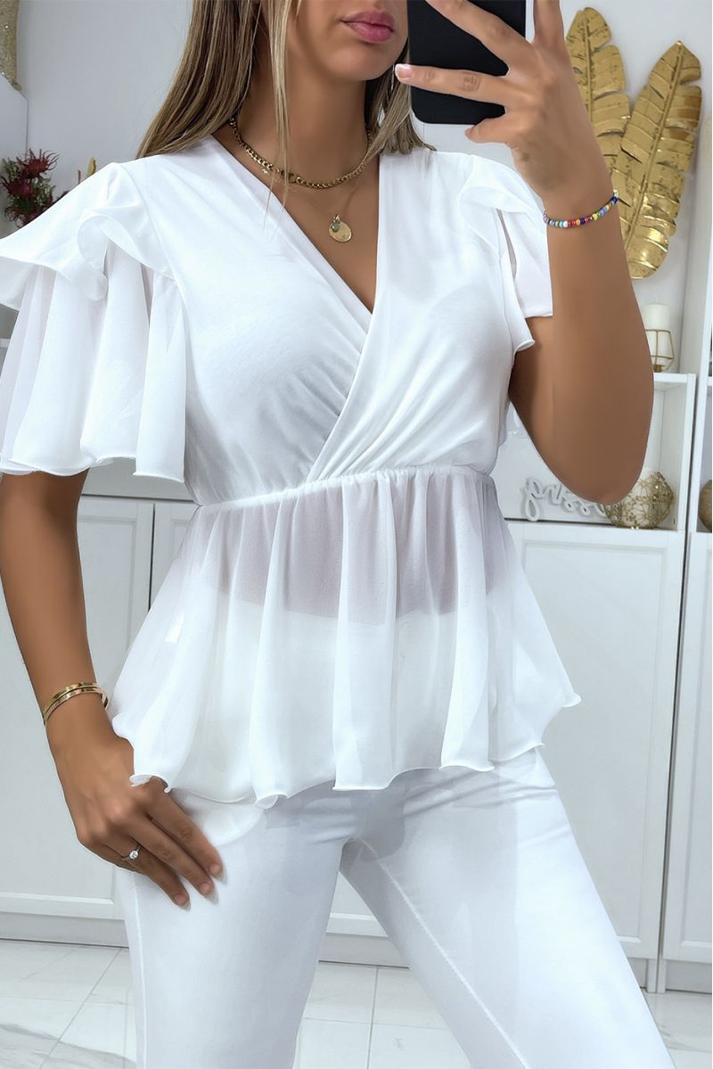 Sheer fluid white top with wrap effect ruffles - 3