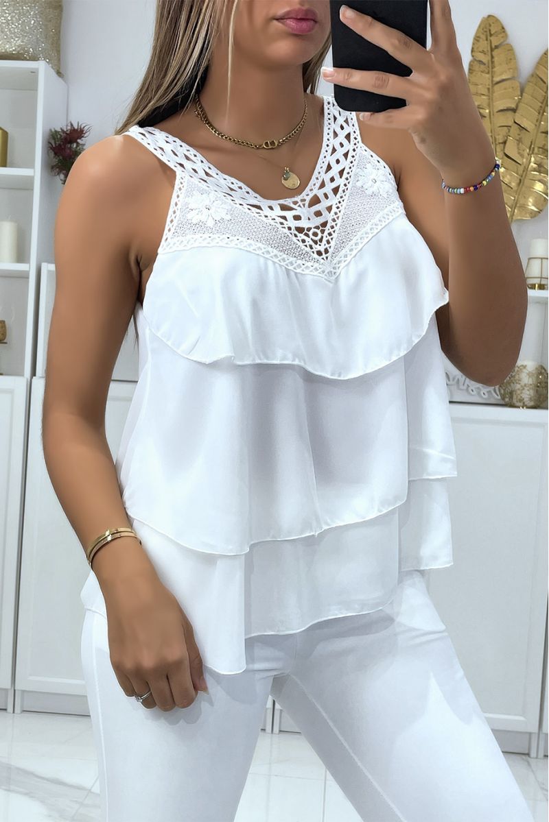 White ruffle tank top with lace at the bust - 2