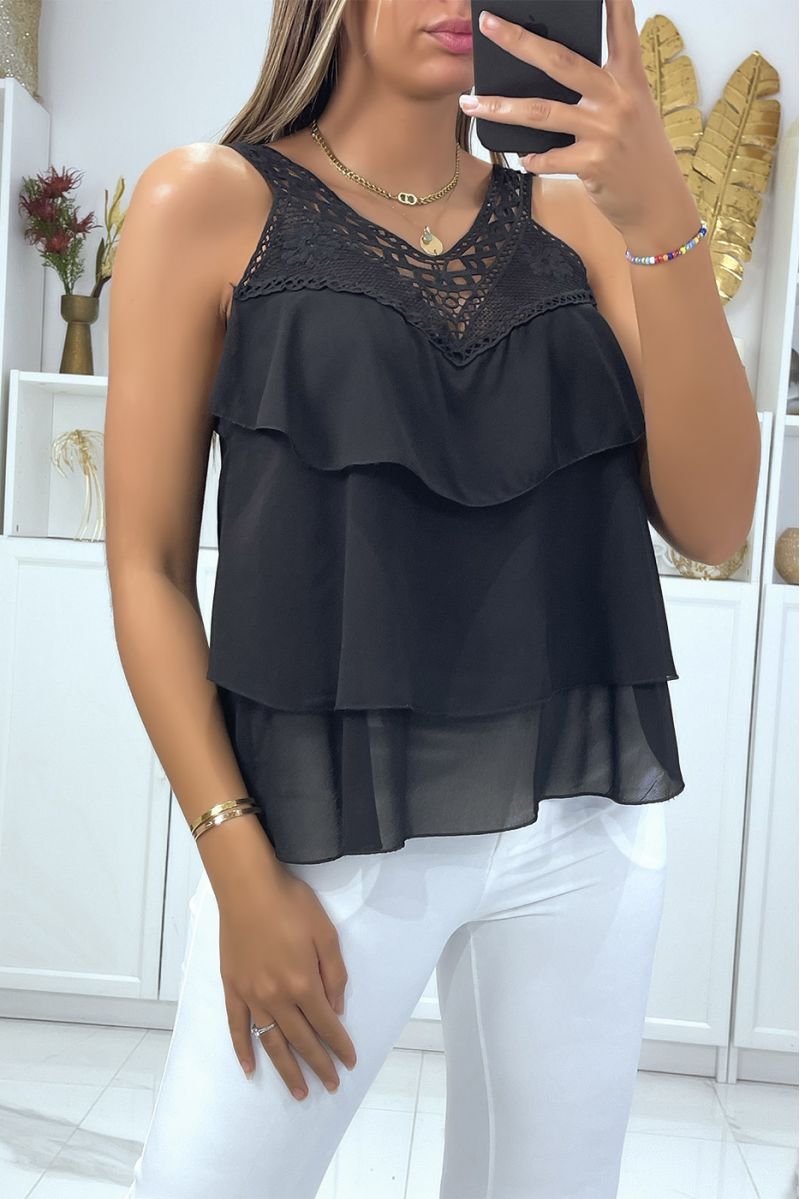 Black ruffle tank top with lace at the bust - 1