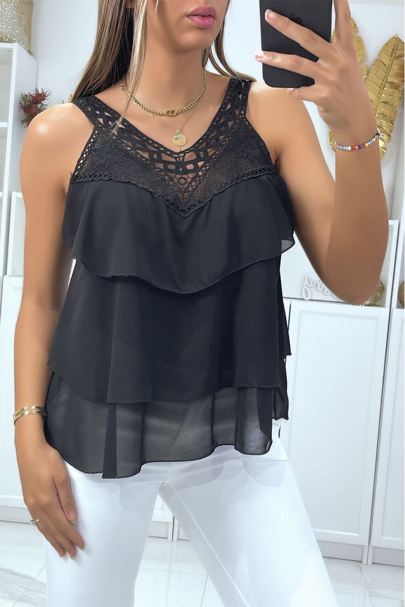 Black ruffle tank top with lace at the bust - 2