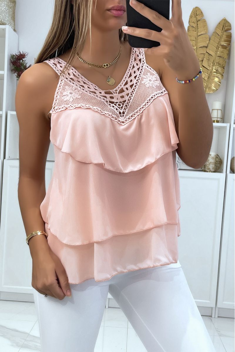 Pink ruffle tank top with lace at the bust - 2