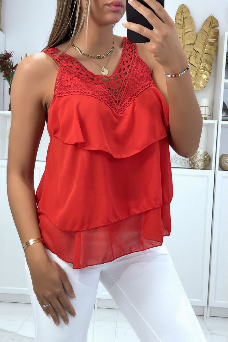 Red ruffle tank top with lace at the bust - 2