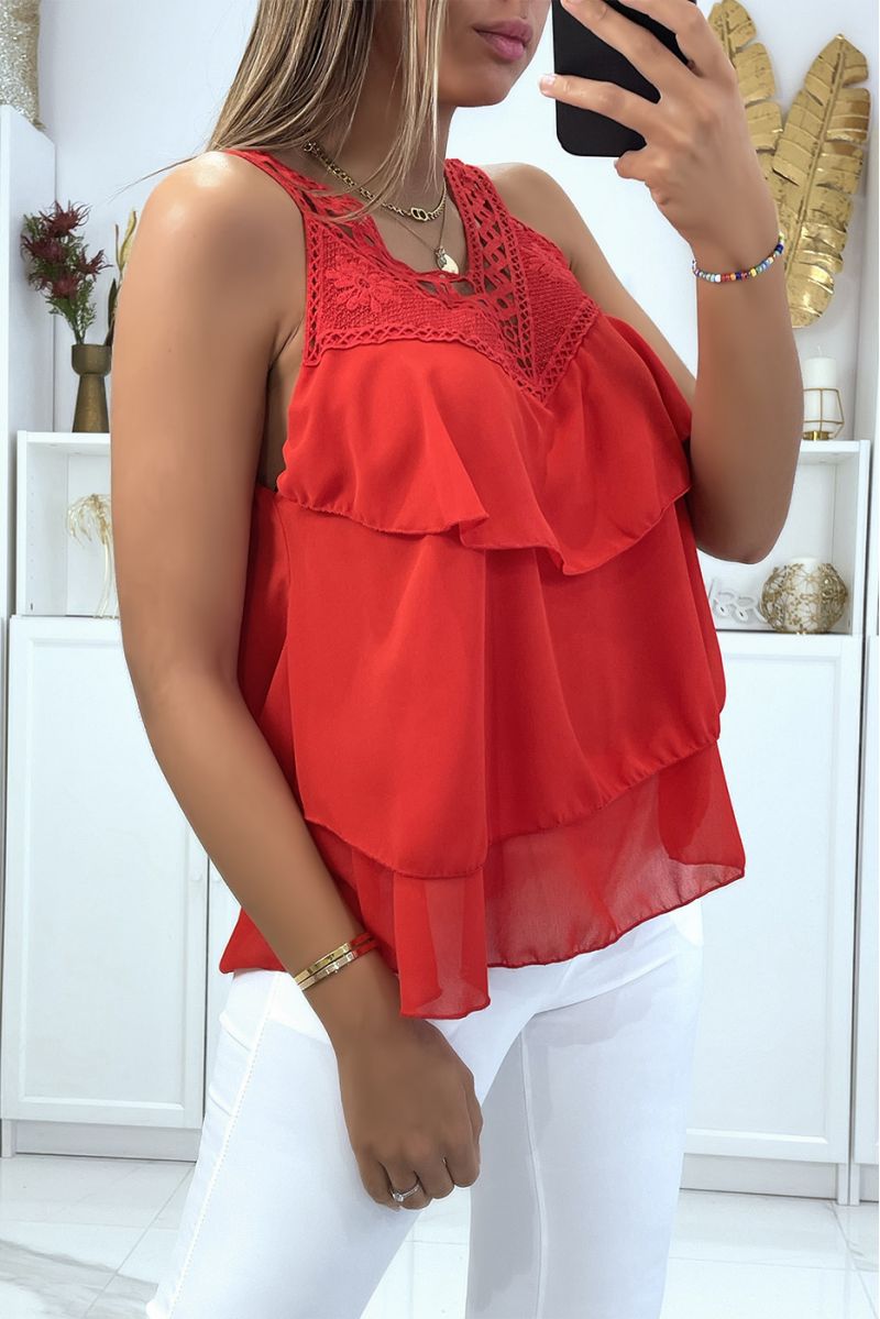 Red ruffle tank top with lace at the bust - 3