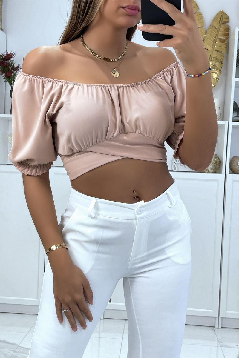 Pink crop top with bardot collar that crosses under the bust and ties at the back - 1
