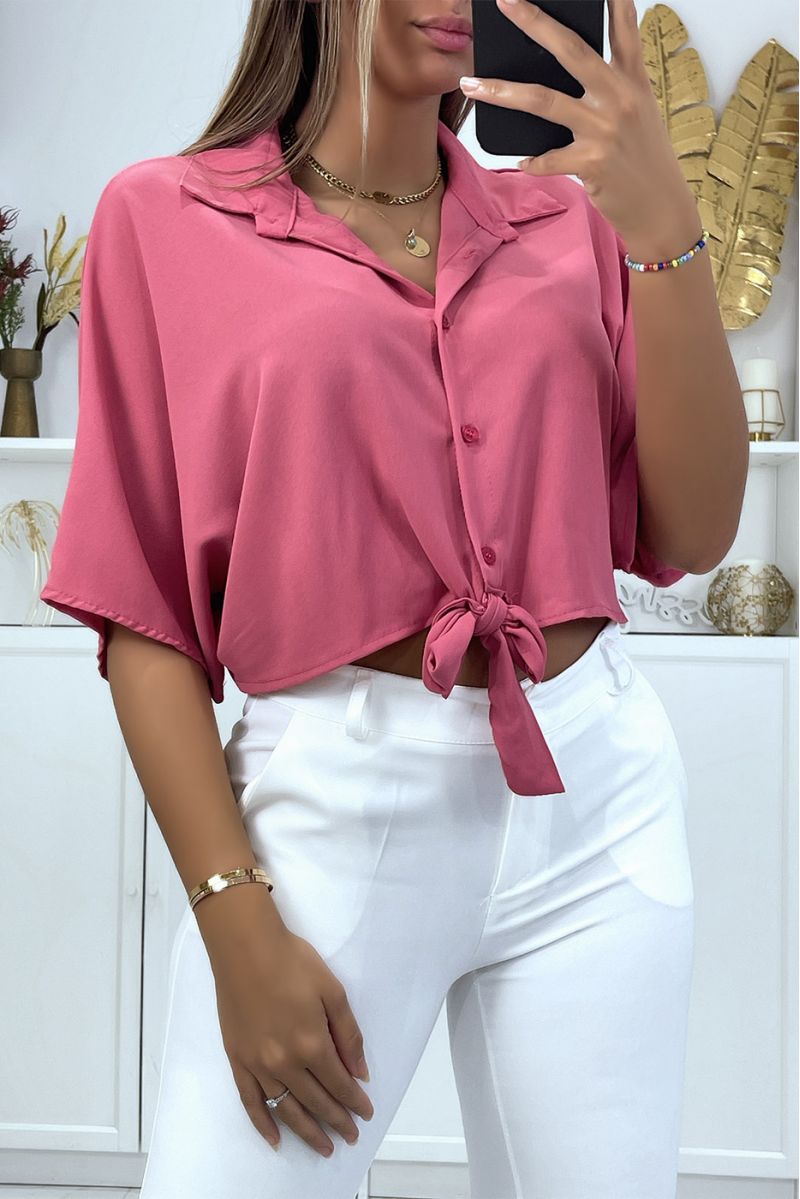 Fuchsia shirt crop top with bow and elastic at the back - 1