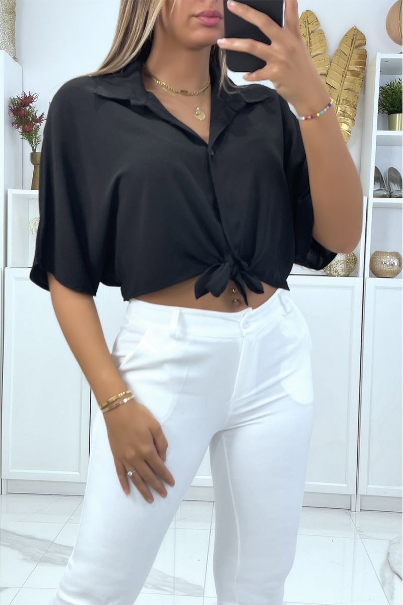 Black shirt crop top with bow and elastic at the back - 1