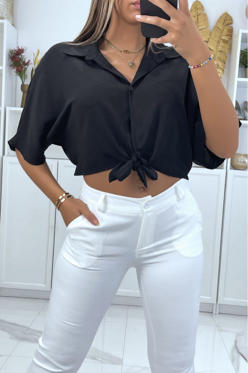 Black shirt crop top with bow and elastic at the back - 2