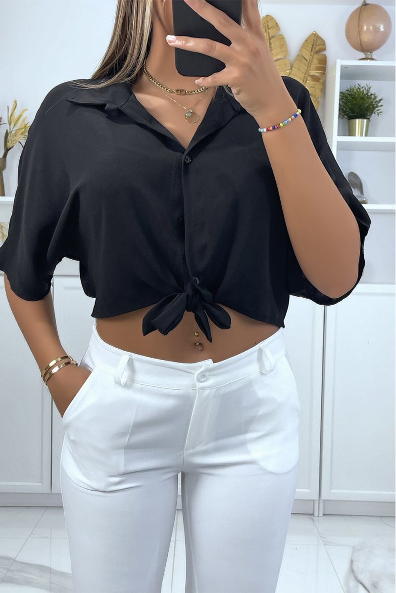 Black shirt crop top with bow and elastic at the back - 3