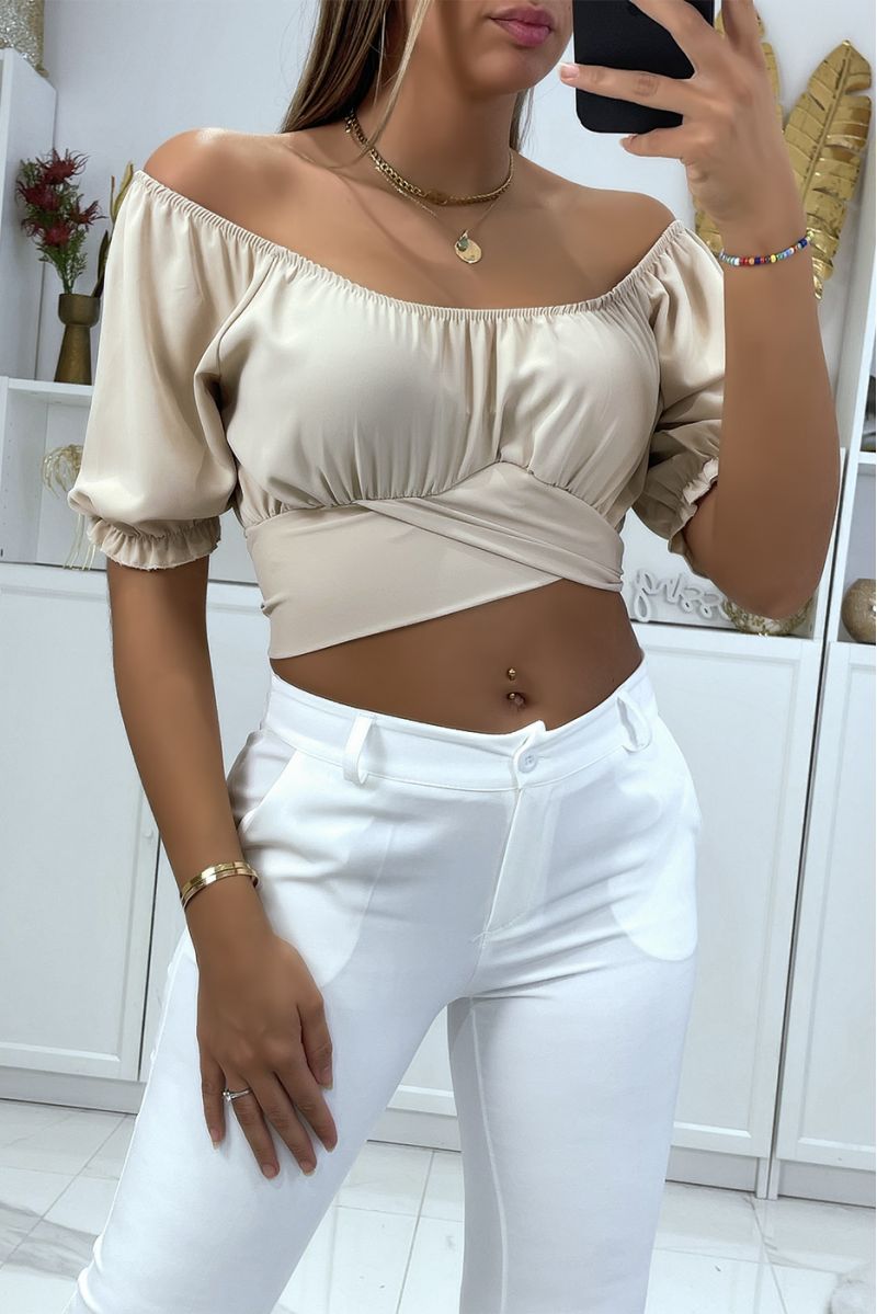 Beige crop top with bardot collar that crosses under the bust and ties at the back - 1