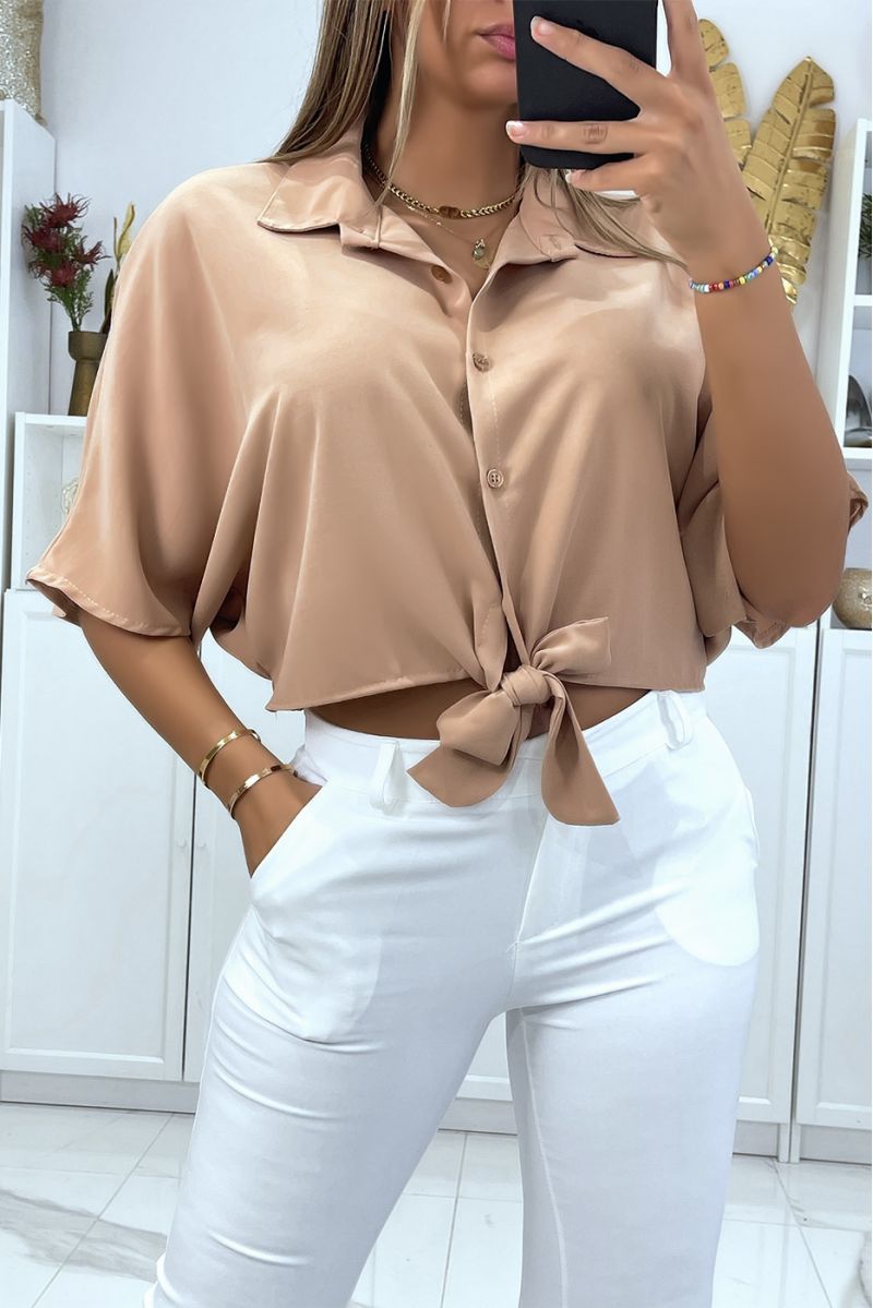 Camel shirt crop top with bow and elastic at the back - 1