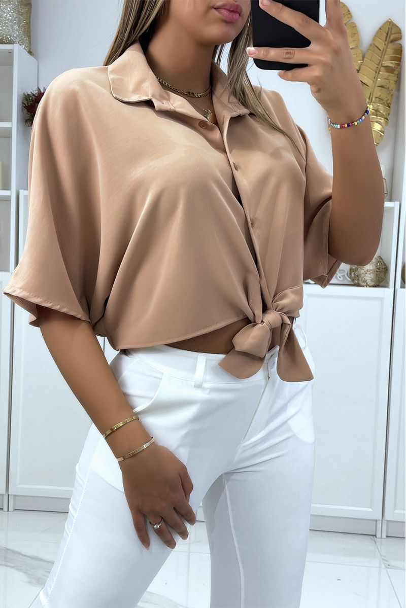 Camel shirt crop top with bow and elastic at the back - 3